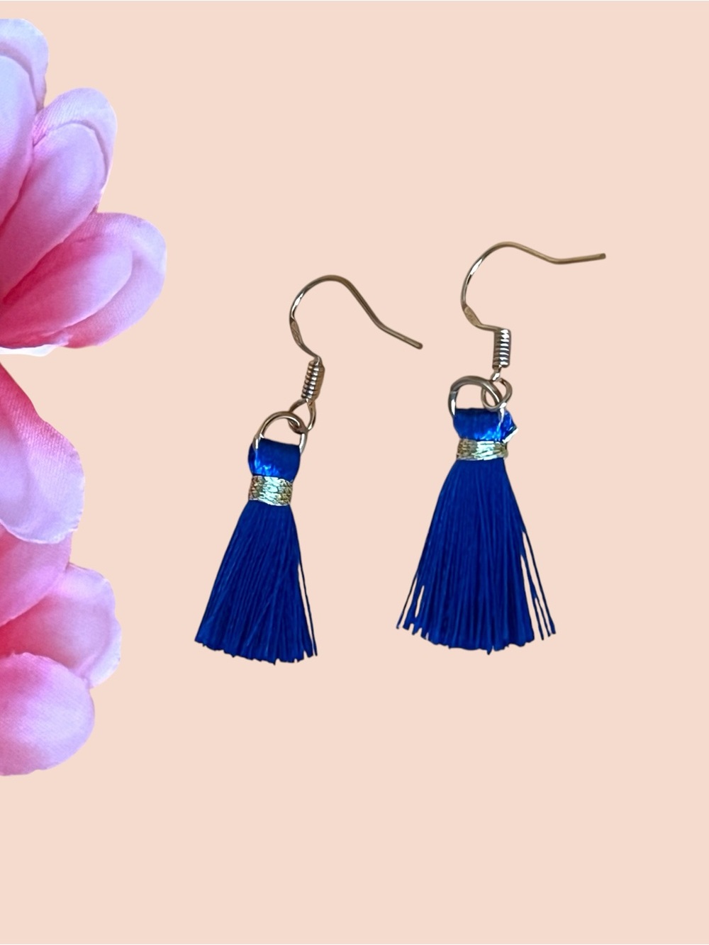 Elegant Blue Tassel Earrings gold over silver, stamped .925